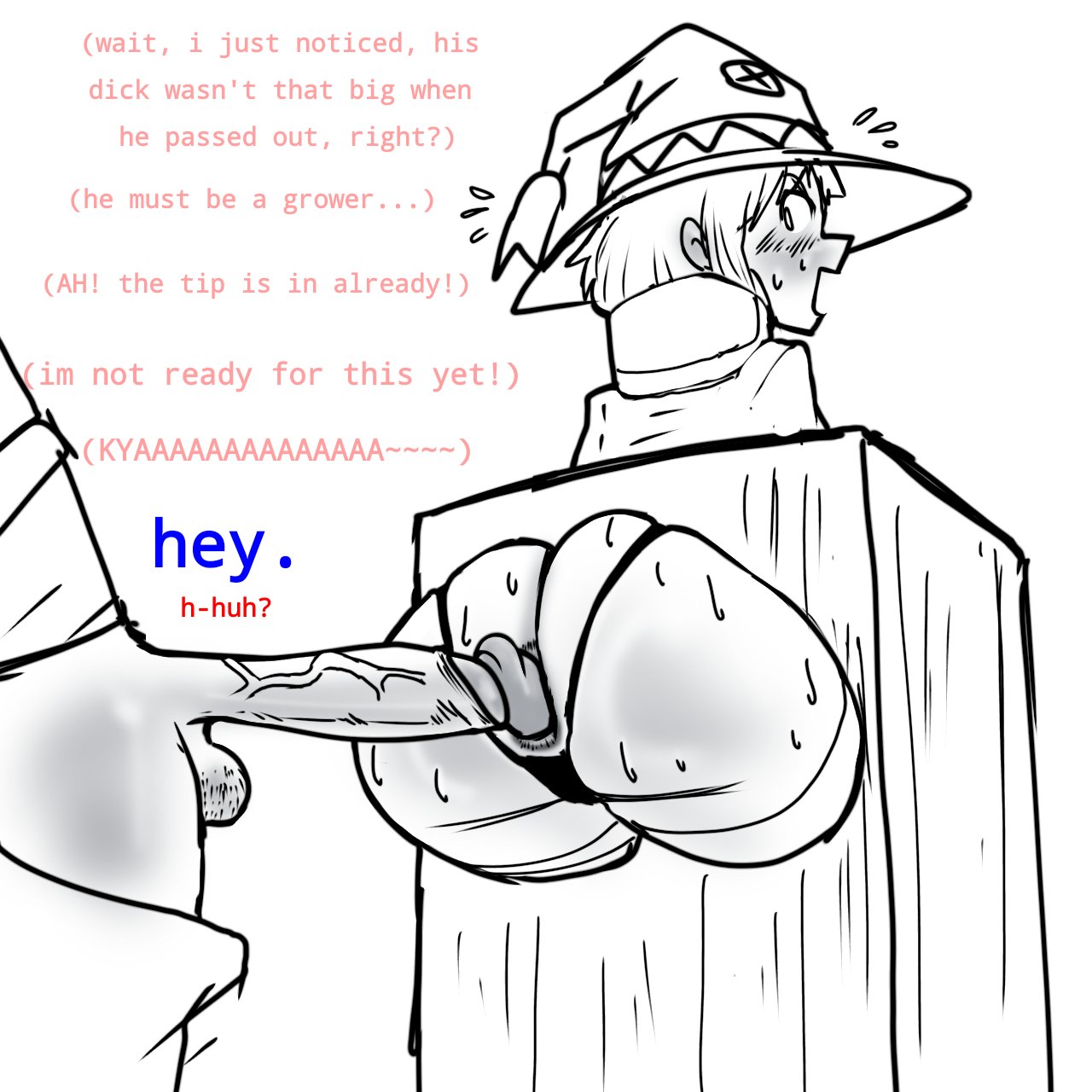 1boy, 1girls, ass, ass focus, asshole, dialogue, dirty talk, english text, female, hat, kono subarashii sekai ni shukufuku wo!, male, megumin, panic, penis size talk, satou kazuma, sex box, size talk, text, uncensored, wiirart