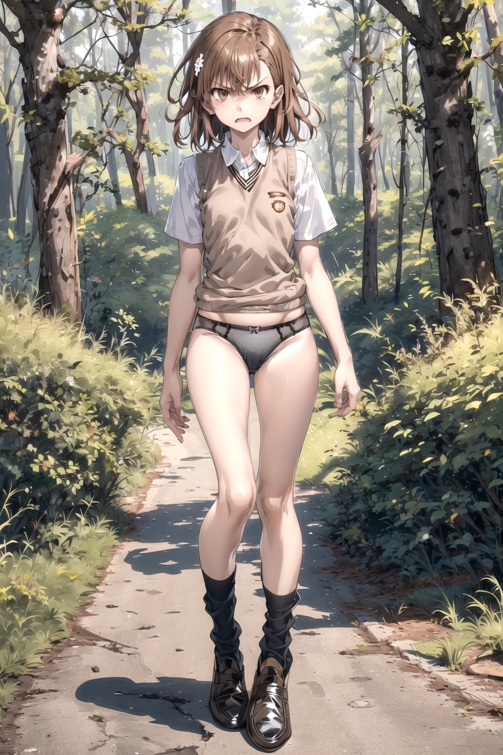 ai_generated angry angry_face black_lingerie black_panties blush brown_eyes brown_hair clothing misaka_mikoto no_skirt open_mouth pathway school_uniform shoes short_hair socks to_aru_kagaku_no_railgun walking walkway