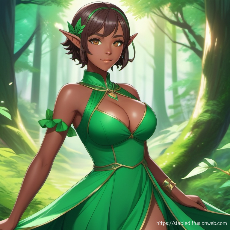 ai_generated brown_eyes brown_hair dark-skinned_elf dark-skinned_female dark_skin dressed elf elf_ears elf_female elf_girl green_clothing green_dress green_necklace laurel_wreath original original_character stable_diffusion tiara