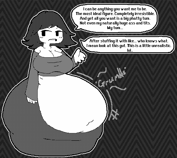 1girls big_breasts huge_belly nyx_(nyx_crabbing) nyx_crabbing oc onomatopoeia original_character pixel_art stomach_noises text text_bubble thick_thighs