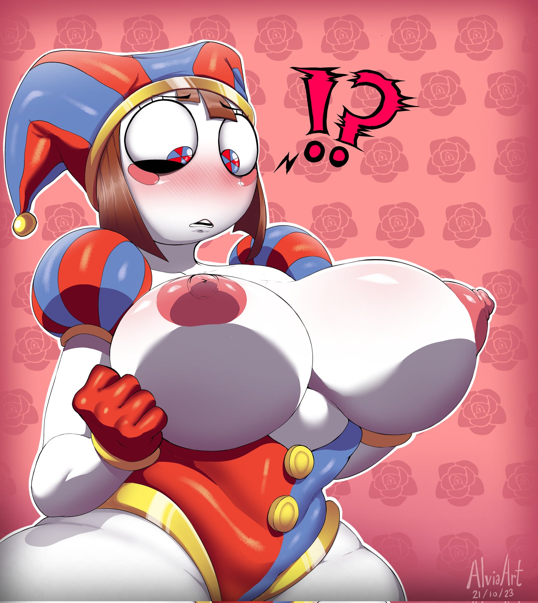 1girls, 2023, 2d, 2d (artwork), 2d artwork, alviriaart, big breasts, blushing, breasts, brown hair, circus, cowl, female, glitch productions, gloves, gooseworx, huge breasts, jester, jester cap, jester costume, jester girl, jester hat, jester outfit, looking down, nipples, nude, pomni (the amazing digital circus), sex, short hair, the amazing digital circus