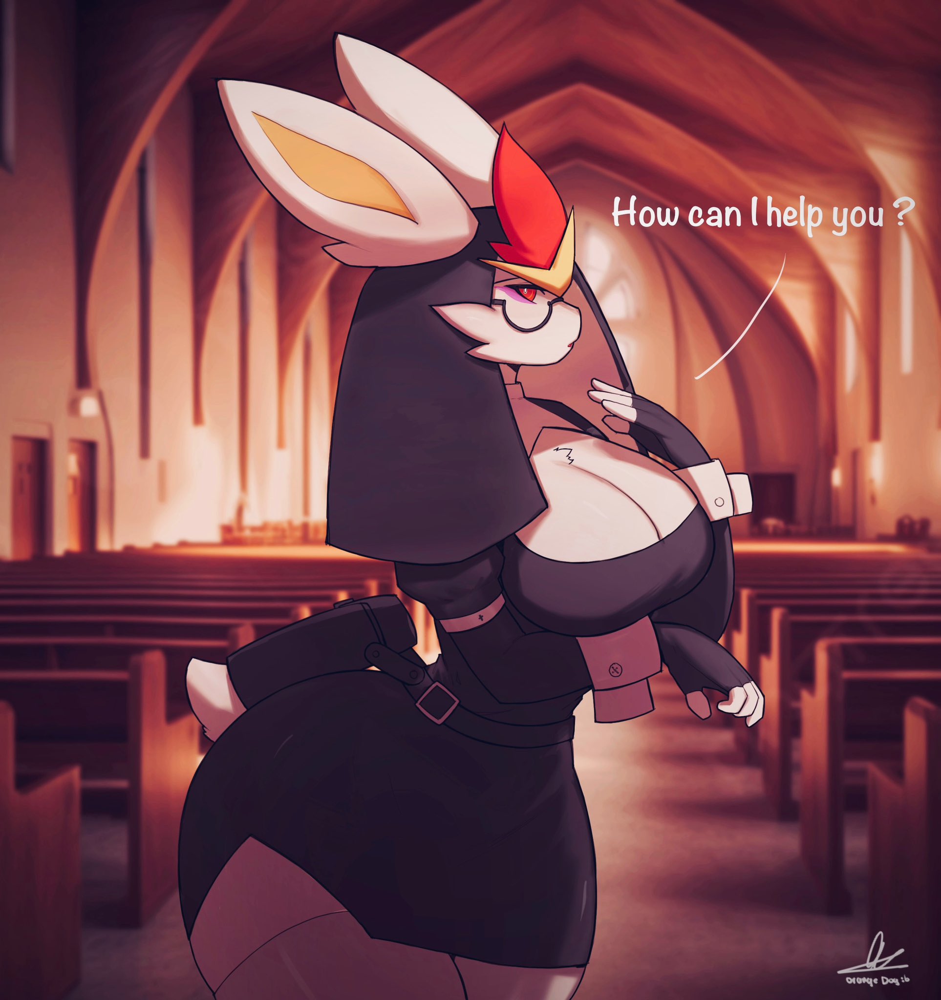 1girls, 2023, 2d, 2d (artwork), anthro, anthro only, anthrofied, belt, big breasts, big thighs, breasts, bunny ears, bunny girl, bunny tail, busty, child bearing hips, church, cinderace, cleavage, clothed, clothing, curvy, curvy female, curvy figure, dialogue, english text, female, female only, fur, furry, furry female, furry only, furry tail, generation 8 pokemon, glasses, hi res, highres, hips, hourglass figure, large thighs, looking at viewer, nintendo, nun, nun outfit, nun's habit, orangedog, pokémon (species), pokemon, pokemon (species), red eyes, slim waist, solo, solo female, talking to viewer, text, thick thighs, thighhighs, thighs, voluptuous, white fur, wide hips, wrist cuffs