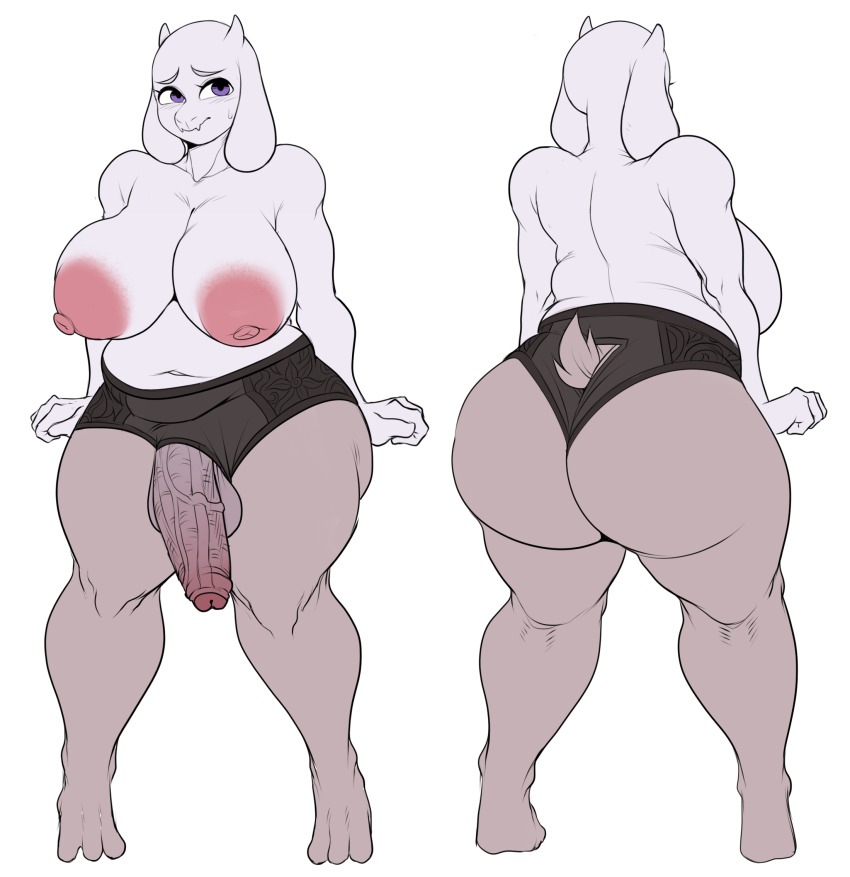 anthro, ass, back view, breasts, detnox, embarrassed, female, furry, furry only, futa only, futanari, huge ass, huge breasts, intersex, milf, no source, panties, pantyhose, thick, thick thighs, topless, toriel, undertale, undertale (series)