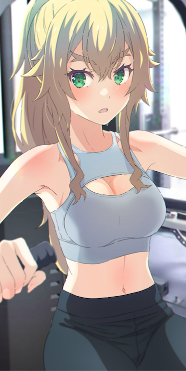 blonde_hair breasts camui1104 cleavage exercise frederica_baumann green_eyes gym gym_clothes na-suke na_suke1104 re:zero_kara_hajimeru_isekai_seikatsu sports_bra sweat yoga_pants