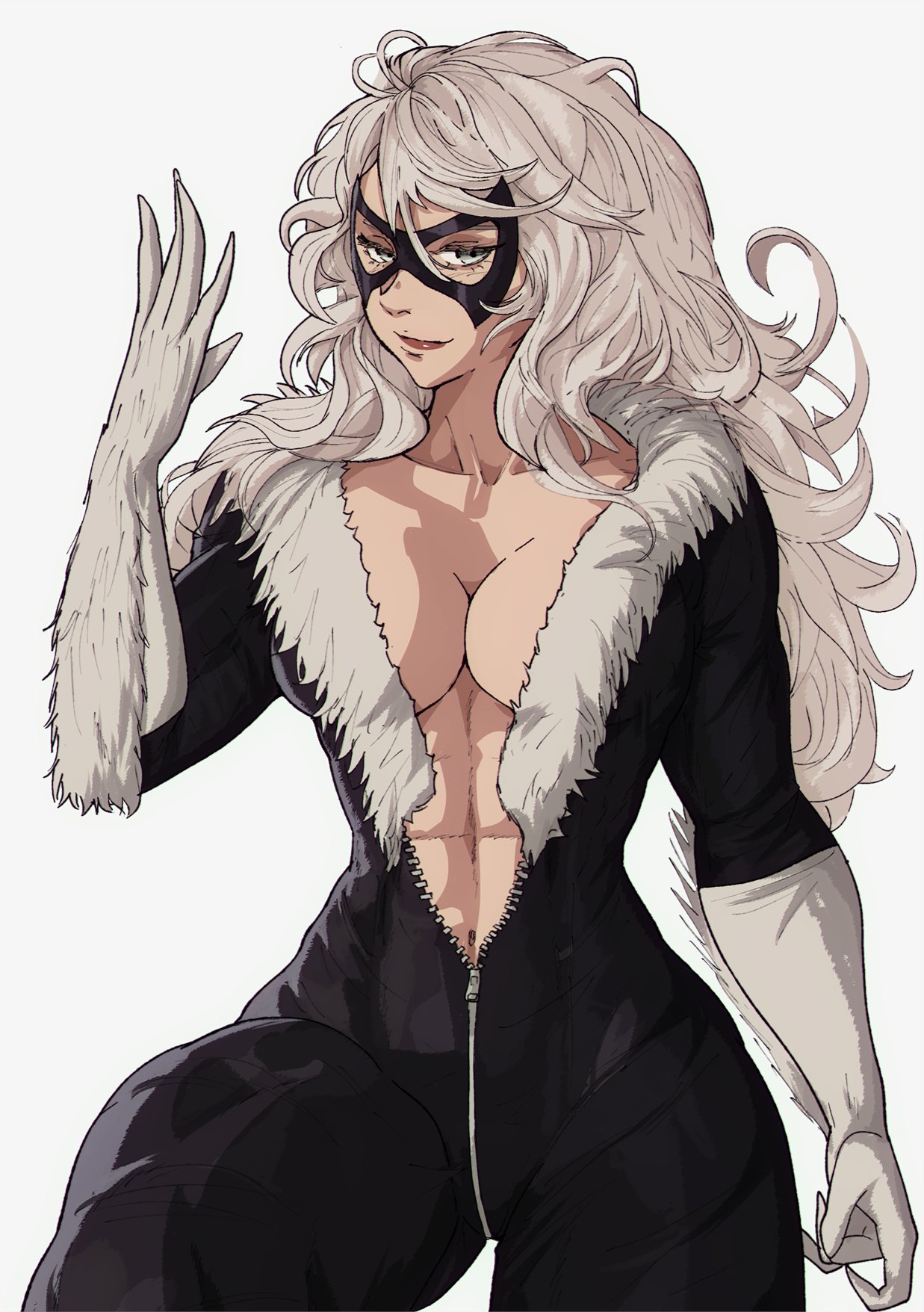 abs athletic_female black_cat_(marvel) felicia_hardy looking_at_viewer marvel masked skin_tight smirk solo_female spider-man_(series) victim_official white_hair yoracrab