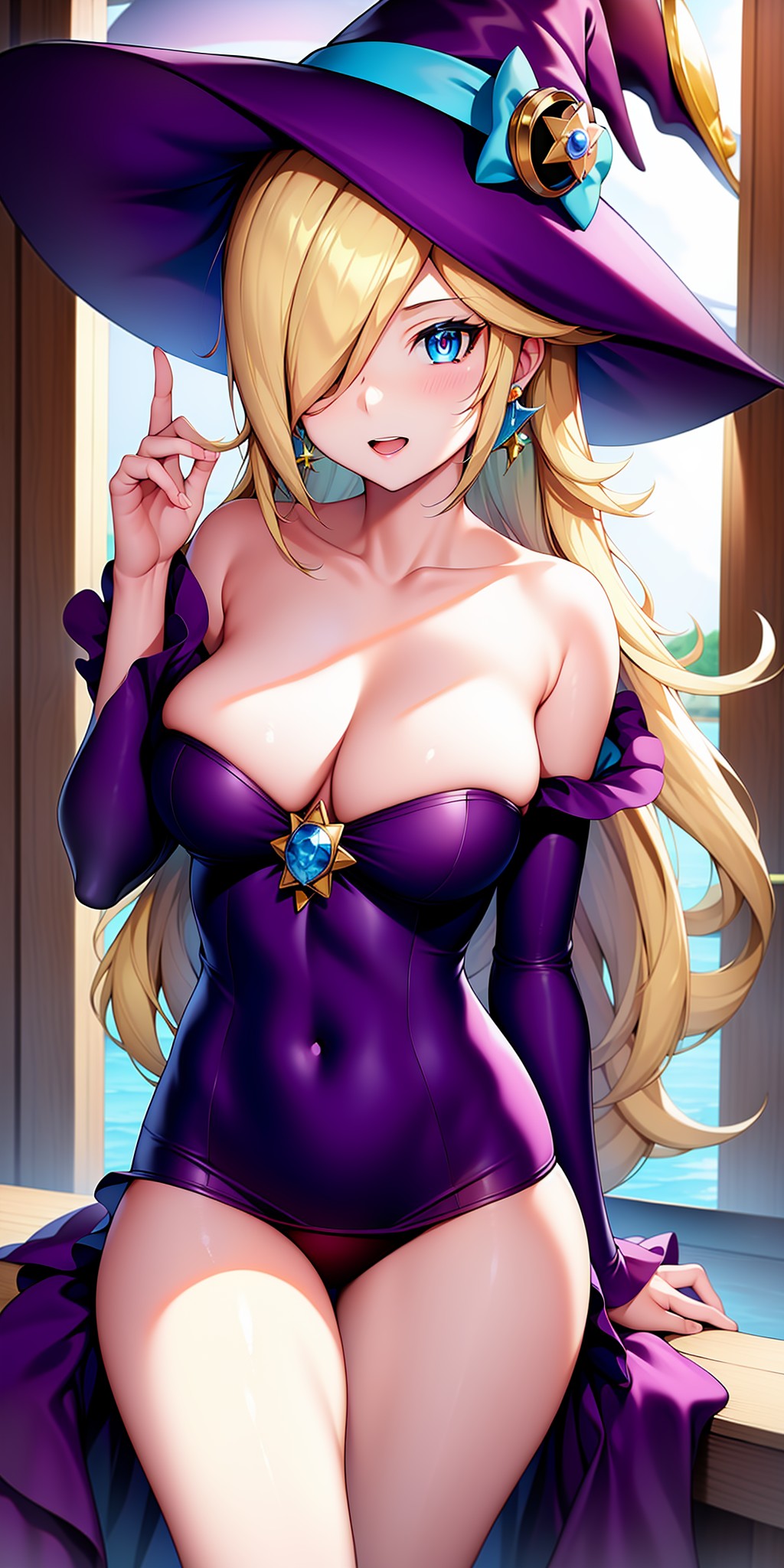 1girls, ai generated, alternate costume, blonde hair, blue eyes, female, female only, hair over one eye, halloween, long hair, mario (series), nintendo, princess rosalina, witch costume, witch hat