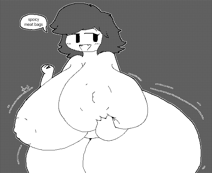 1girls huge_breasts huge_thighs nyx_(nyx_crabbing) nyx_crabbing oc original_character pixel_art text text_bubble thick_thighs