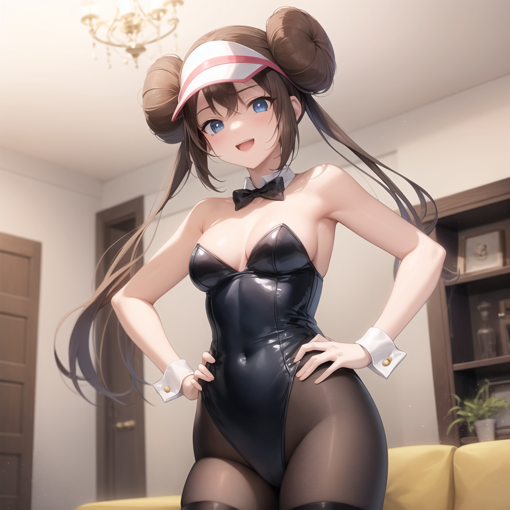 1girls, 2d, ai generated, bare arms, bare back, bare shoulders, black leotard, bow tie, bowtie, breasts, bunny girl, bunnysuit, cleavage, female, female only, fluffy, highres, leotard, lingerie, looking at viewer, low-angle view, medium breasts, nintendo, pantyhose, partially clothed, playboy bunny, pokemon, pokemon ss, pov, pussy, rosa (pokemon), sad, short hair, solo