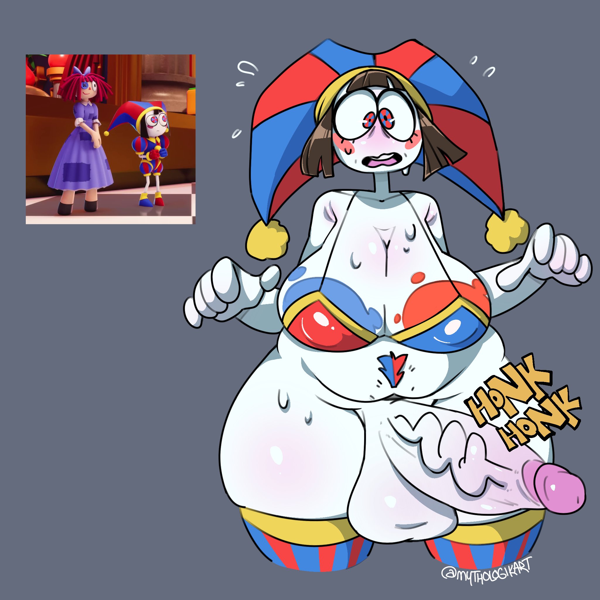 1futa, 2023, 2d, 2d (artwork), 2d artwork, balls, bangs, big breasts, big penis, bikini, bottomless, breasts, brown hair, chubby, clothed, clothing, colored pubic hair, erection, fat, female, futa focus, futa only, futanari, glitch productions, gooseworx, huge breasts, huge cock, humanoid, humanoid penis, intersex, jester, jester cap, jester costume, jester girl, jester hat, jester outfit, mostly nude, multicolored pubic hair, mythologikart, penis, pomni, pomni (the amazing digital circus), pubic hair, ragatha, ragatha (the amazing digital circus), short hair, skindentation, small but hung, solo, standing, the amazing digital circus, thick thighs, thighhighs, wide hips