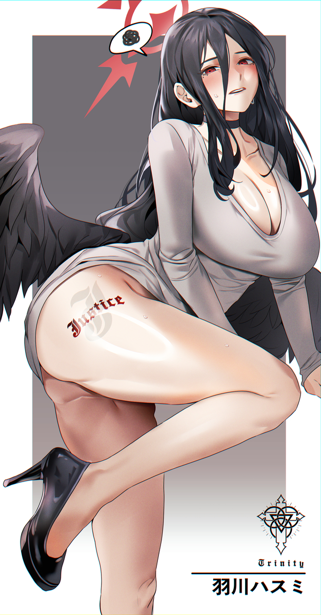 1girls 2023 absurd_res black_hair blue_archive breasts choker cleavage curvaceous curvy female female_focus halo hasumi_(blue_archive) heels hi_res high_resolution highres joacy justice_task_force_(blue_archive) long_hair red_eyes solo solo_female solo_focus sweat sweatdrop tattoo tattoo_on_legs thighs trinity_general_school_logo_(blue_archive) trinity_general_school_student wings