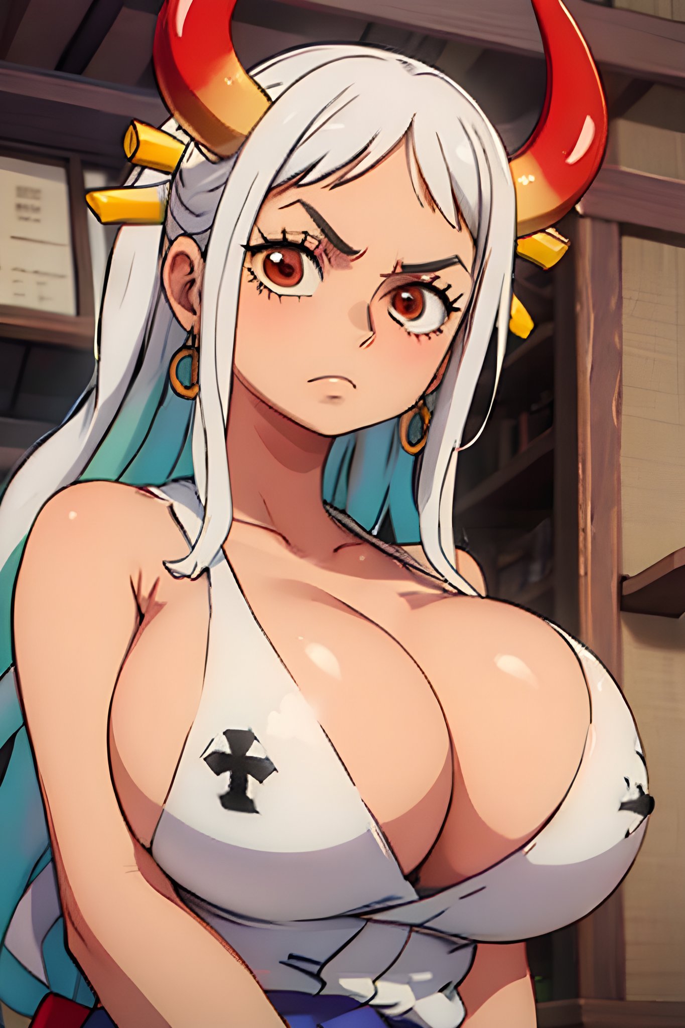 1girls, accurate art style, ai generated, breasts, cleavage, female, female focus, female only, horns, huge breasts, kimono, long sleeves, multicolored hair, one piece, two-tone hair, white hair, white-haired female, yamato (one piece)