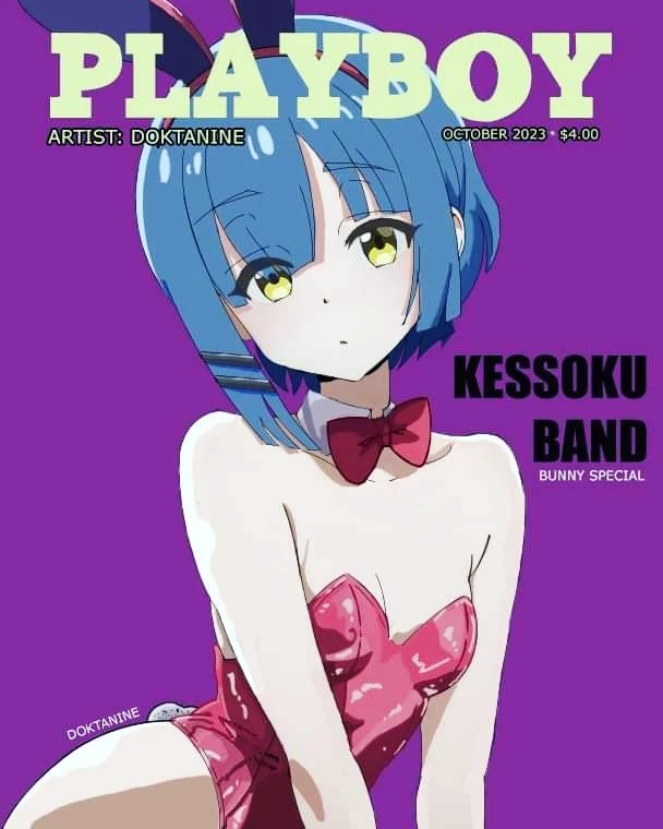 animal_ears blue_hair bocchi_the_rock! cover d0ktanine fake_magazine_cover kessoku_band magazine_cover playboy playboy_bunny rabbit rabbit_ears solo solo_focus yamada_ryou