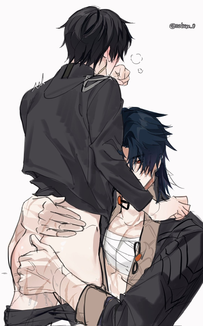 2boys, bishonen, blade (honkai: star rail), blush, dan heng, fingering ass, gay, honkai: star rail, male, male only, muscular, muscular male, no visible genitalia, standing, yaoi