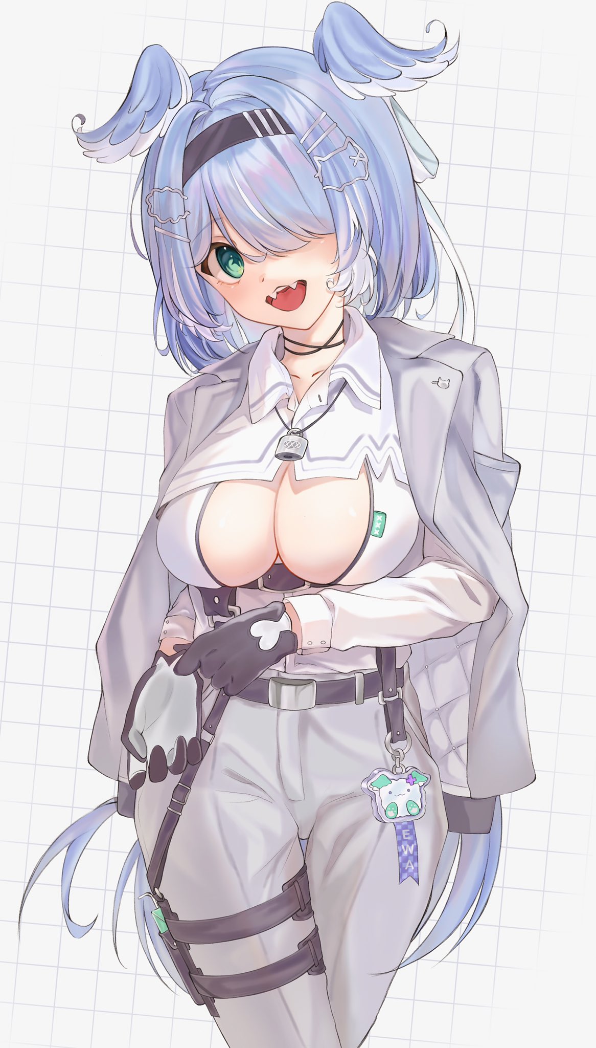 :3 :d adjusting_clothes adjusting_gloves belt black_belt black_gloves black_hairband blue_hair breasts cleavage_cutout clothing_cutout elira_pendora elira_pendora_(4th_costume) fangs female glove_pull gloves green_eyes grey_jacket grey_pants hair_ornament hair_over_one_eye hairband hairclip head_wings highres holster jacket jacket_on_shoulders jewelry juice_box large_breasts lock long_hair long_sleeves looking_at_viewer necklace nijisanji nijisanji_en official_alternate_costume one_eye_covered open_mouth padlock pants ria_(ria_0z) shirt simple_background smile solo suspenders thigh_holster two-sided_gloves underbust very_long_hair virtual_youtuber white_background white_gloves white_shirt wing_collar wings