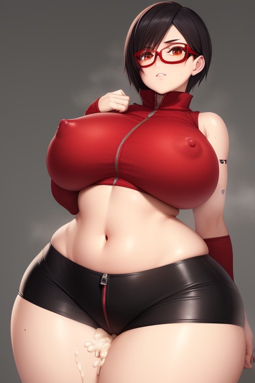 ai_generated arm_warmers big_breasts bike_shorts black_hair boruto:_naruto_next_generations breasts_bigger_than_head clothing cum_between_legs erect_nipples female female_only frosting.ai glasses huge_breasts naruto naruto_(series) navel nipples nipples_visible_through_clothing red_eyes sarada_uchiha spats thick_thighs wide_hips