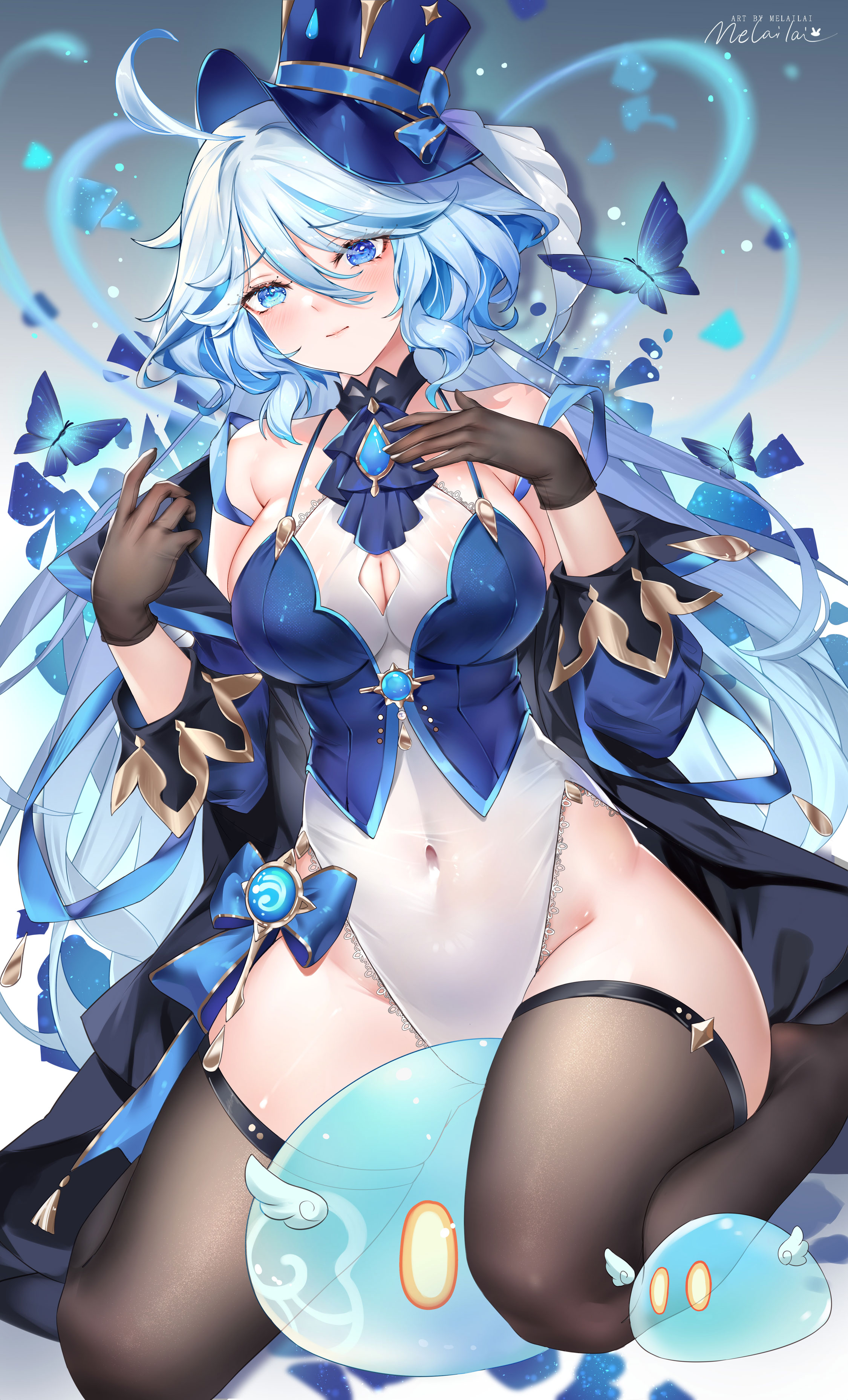 1girls, ahoge, bare shoulders, black gloves, black thighhighs, blue eyes, blue hair, blue headwear, breasts, closed mouth, covered navel, female, furina (genshin impact), genshin impact, hair between eyes, heterochromia, highleg, large breasts, long hair, melailai, multicolored hair, straight hair, top hat