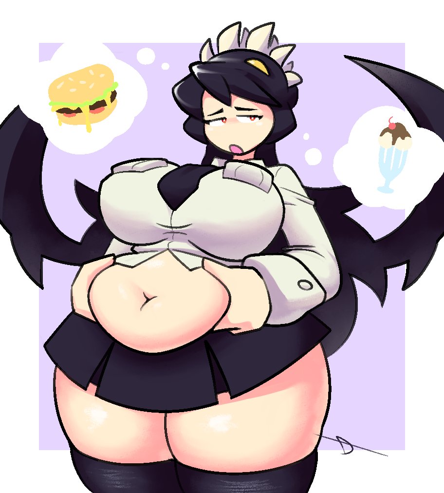 1girls, 2022, absurd res, belly, big breasts, breasts, chubby, chubby female, female, female focus, filia (skullgirls), hips, holding belly, nobodydusk, plump, red eyes, samson (skullgirls), skullgirls, solo, solo female, solo focus, thick thighs, thighhighs, thighs, thought bubble, wide hips