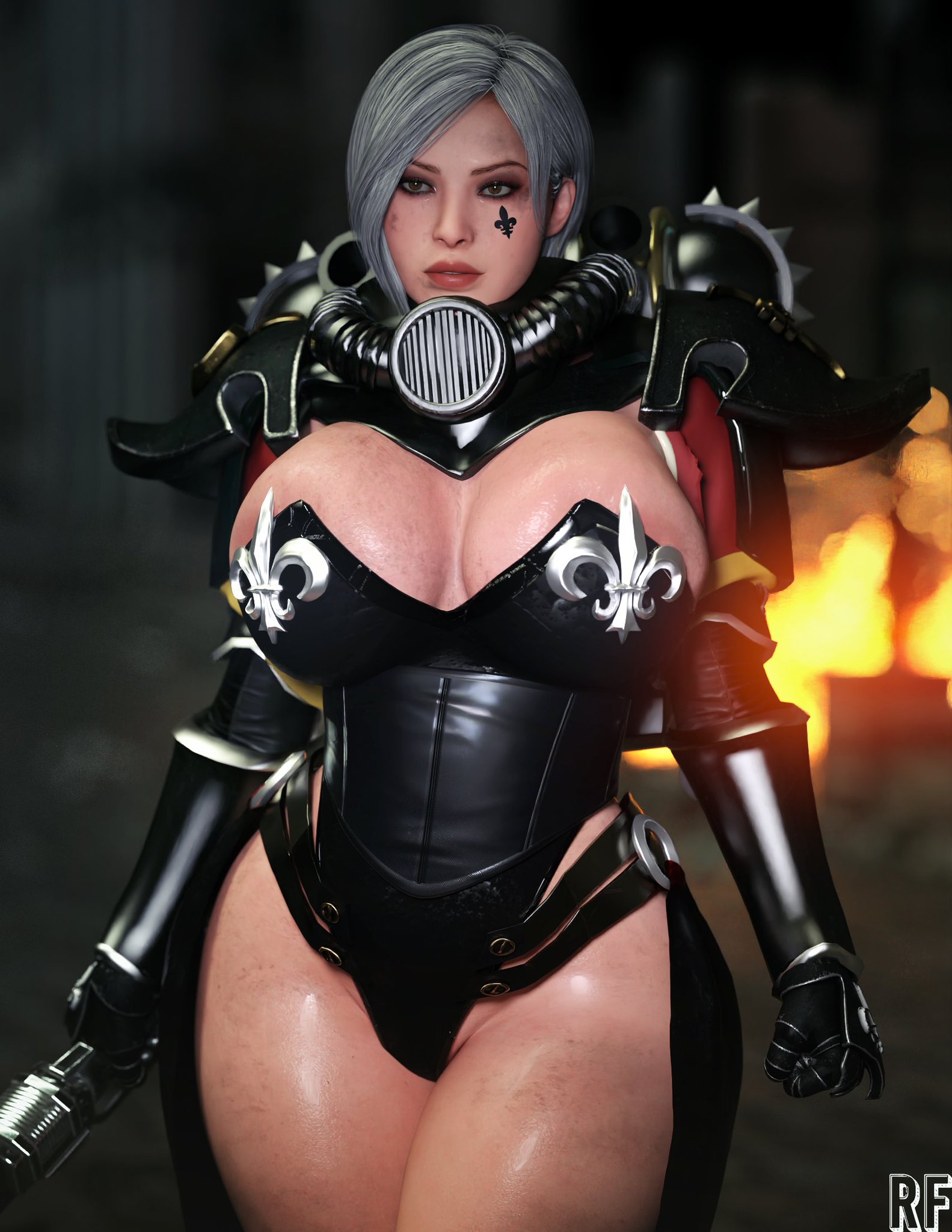 1girls, 2023, 3d, 3d (artwork), ada wong, ada wong (adriana), adepta sororitas, asian, asian female, big breasts, black gloves, breasts, cleavage, clothed, clothed female, cosplay, crossover, crossover cosplay, face tattoo, female, female only, gloves, huge breasts, imperium of man, large breasts, power armor, power armor (warhammer), resident 2, resident evil, resident evil 2, resident evil 2 remake, rude frog, short hair, sister of battle, solo, solo female, tattoo, thick thighs, thighs, warhammer (franchise), warhammer 40k, white hair, wide hips