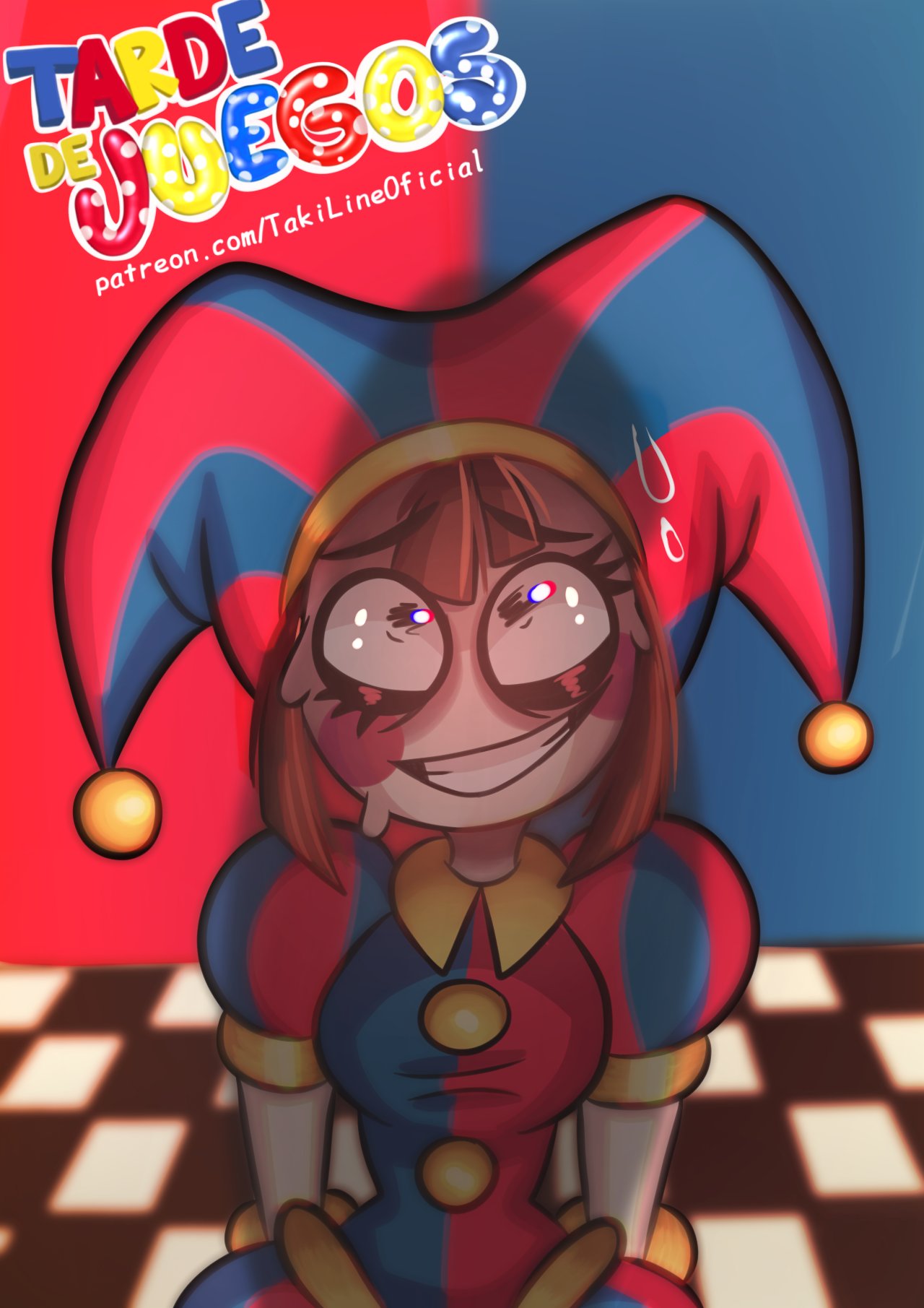 2023, 2d, 2d (artwork), 2d artwork, artist request, breasts, brown hair, female, glitch productions, gloves, gooseworx, huge cock, jester, jester cap, jester costume, jester girl, jester hat, jester outfit, looking at penis, male, nervous, nervous smile, penis, penis shadow, pomni (the amazing digital circus), short hair, small breasts, straight, sweat, sweatdrop, sweating, the amazing digital circus, white body
