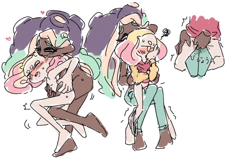 2girls, ass, before and after, breasts, cephalopod humanoid, clothed, couple, cute, dark skin, dark-skinned female, embarrassed, female, female only, humanoid, humping, inkling, interracial, interspecies, light skin, light-skinned female, marina (splatoon), moribo, multiple females, multiple girls, nintendo, nude, octoling, pearl (splatoon), pussy, pussy juice, splatoon, splatoon (series), yuri