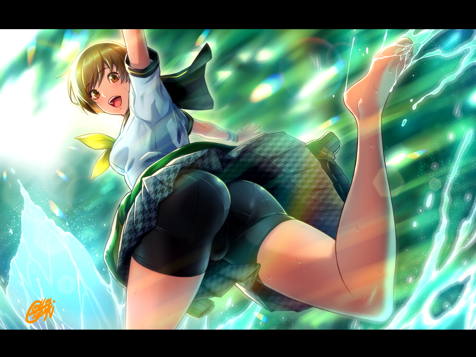 ass, atlus, bike shorts, breasts, female, female only, gentle sasaki, open mouth, persona, persona 4, satonaka chie, sideboob, solo
