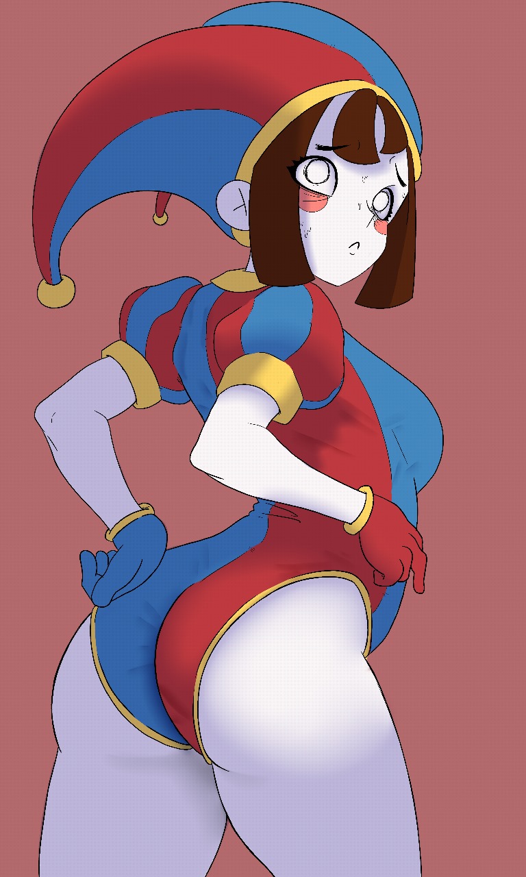 2023, 2d, 2d (artwork), 2d artwork, artist request, ass, big ass, breasts, brown hair, female, glitch productions, gloves, gooseworx, jester, jester cap, jester costume, jester girl, jester hat, jester outfit, pomni (the amazing digital circus), short hair, small breasts, sweat, sweatdrop, sweating, the amazing digital circus, thick thighs