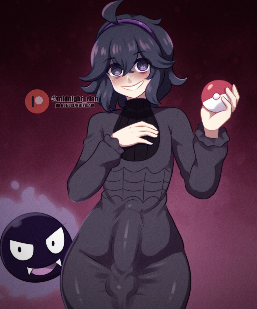 1boy 1femboy ahoge black_hair blush bulge bulge_through_clothing bulge_under_clothes crossgender dress erection erection_under_clothes erection_under_dress femboy feminine_male ftm_crossgender gastly genderswap genderswap_(ftm) generation_1_pokemon girly hairband hex_maniac looking_at_viewer male male_focus male_only medium_hair midnight_rian nintendo otoko_no_ko otokonoko penis_bulge pokeball pokemon pokemon_(species) pokemon_xy purple_eyes rule_63 smiling smiling_at_viewer solo solo_focus solo_male spiral_eyes swirly_eyes trap