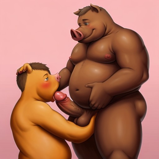 ai_generated balls blowjob chubby chubby_male erection fellatio gay humanoid_genitalia humanoid_penis male male/male male_only penis pig porcine stable_diffusion standing testicles