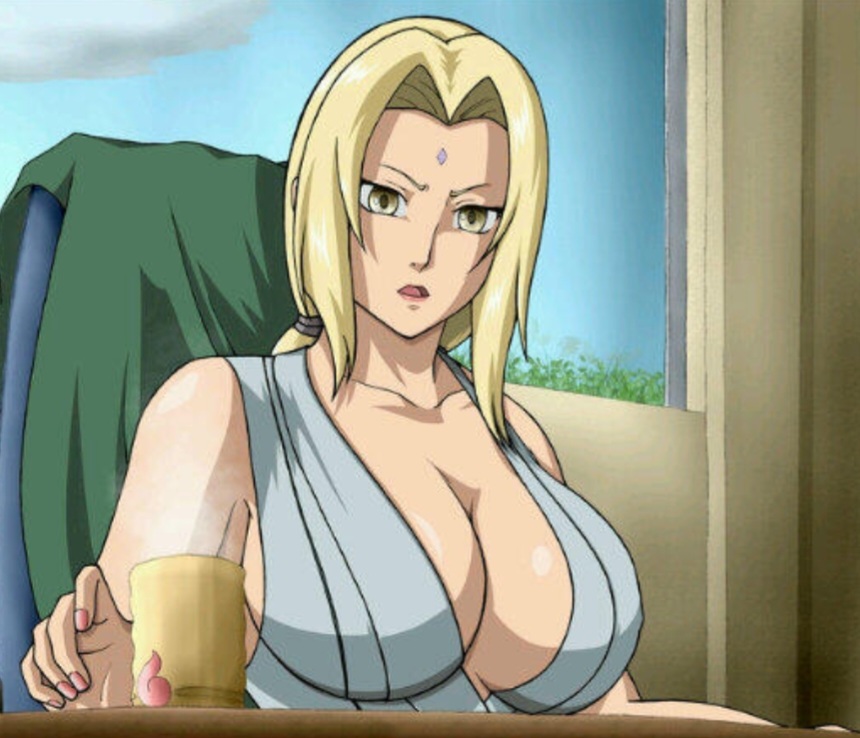 1girl 1girls artist_request big_breasts breasts brown_eyes female female_focus female_only hokage hokage_office holding_teacup huge_boobs huge_breasts lipstick long_hair naruto naruto_(series) naruto_shippuden seal showing_breasts showing_off tight_clothes tight_clothing tight_dress tight_fit tsunade yellow_hair