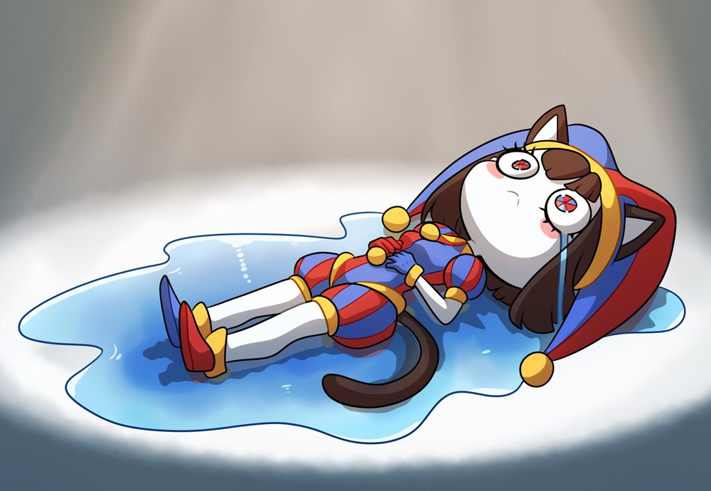 1girls, 2023, 2d, 2d (artwork), 2d artwork, brown eyes, cat ears, cat girl, cat tail, catgirl, crying, female, female only, glitch productions, gooseworx, jester, jester cap, jester costume, jester girl, jester hat, jester outfit, kinkymation, lying, lying on back, lying on ground, pomni (the amazing digital circus), solo, symbol-shaped pupils, tail, tears, the amazing digital circus, white body