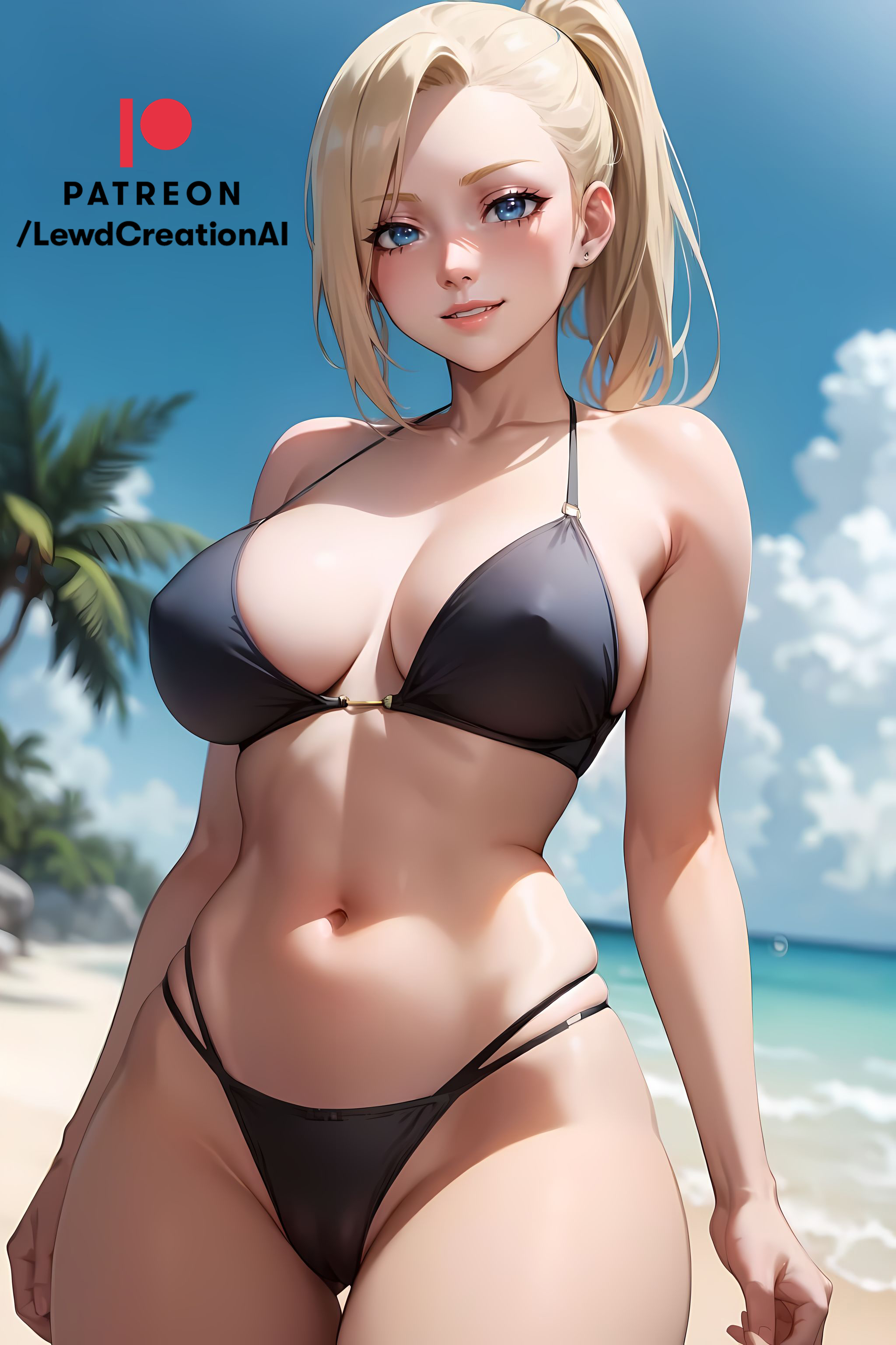 ai generated, beach, big breasts, bikini, bikini bottom, bikini top, blonde female, blonde hair, blue eyes, blush, blush lines, breasts, cameltoe, curvy, curvy female, curvy figure, eyelashes, eyeshadow, female, from below, hair, hair ornament, hair over one eye, ino yamanaka, lewdcreationsai, looking at viewer, mature, mature female, milf, naruto, naruto (classic), naruto (series), naruto shippuden, naruto: the last, navel, ocean, outdoors, ponytail, pussy, sea, seaside, smirk, thick thighs, thigh gap, thighs, toned, toned female
