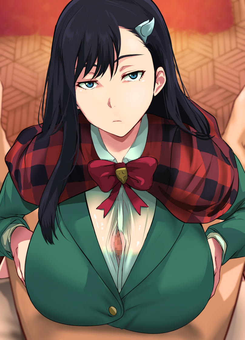 1boy 1girls alternate_breast_size big_breasts black_hair bleach blue_eyes bow bowtie breasts burn_the_witch cafekun censored closed_mouth clothed_female_nude_male emotionless emotionless_sex expressionless female green_jacket green_shirt hair_ornament huge_breasts jacket large_breasts light-skinned_female light-skinned_male light_skin long_hair long_sleeves looking_at_viewer mosaic_censoring noel_niihashi paizuri paizuri_lead_by_female paizuri_on_lap paizuri_under_clothes penis pov pov_eye_contact pov_paizuri red_bow red_bowtie shirt solo_focus straight