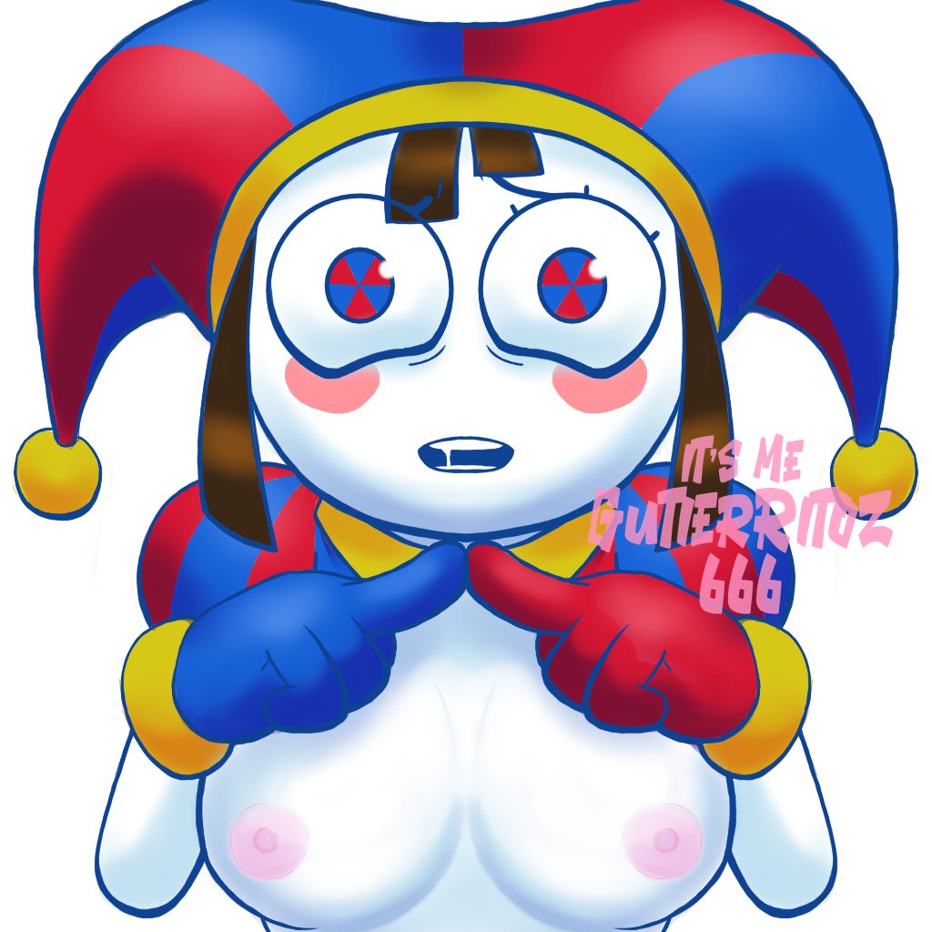 2023, 2d, 2d (artwork), 2d artwork, breasts, brown hair, female, glitch productions, gloves, gooseworx, gutierritoz 666 (artist), jester, jester cap, jester costume, jester girl, jester hat, jester outfit, looking at viewer, nipples, pomni (the amazing digital circus), saliva drip, short hair, small breasts, the amazing digital circus, white body