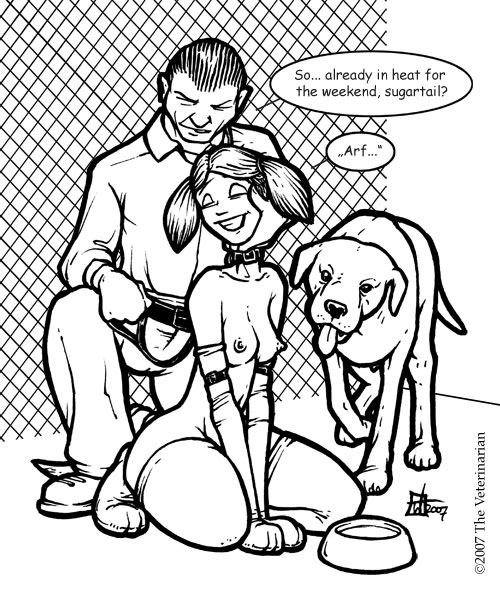 1female 1male 2007 barking canine cartoony collar kneeling leash naked_female the_veterinarian tongue_out topless_female water_bowl