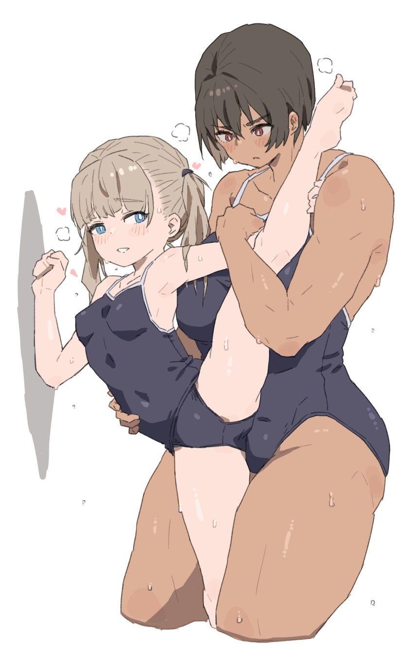 2girls against_wall barefoot black_one-piece_swimsuit blue_eyes breasts brown_hair covered_navel dark-skinned_female dark_skin height_difference highres kei_(m_k) large_breasts leg_up m_k multiple_girls one-piece_swimsuit original red_eyes rika_(m_k) short_hair simple_background small_breasts soles standing standing_on_one_leg sweat swimsuit tan thighs toes twintails white_background yuri