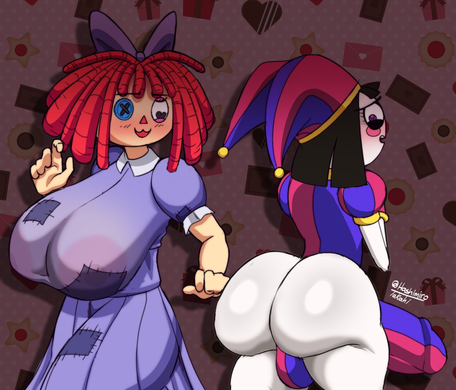 1futa, 1girls, 2023, 2d, 2d (artwork), 2d artwork, ass, back, balls, bangs, big ass, big breasts, big thighs, blush, bow tie, breasts, brown hair, button eyes, clothed, clothing, doll, dress, duo, erection, female, fully clothed, futanari, glitch productions, gloves, gooseworx, hashimiro takahi, heart-shaped pupils, huge ass, huge breasts, huge cock, humanoid, humanoid penis, intersex, jester, jester cap, jester costume, jester girl, jester hat, jester outfit, light skin, light-skinned female, looking at ass, looking at partner, looking back, mostly clothed, penis, pomni, pomni (the amazing digital circus), ragatha, ragatha (the amazing digital circus), red hair, short hair, standing, the amazing digital circus, thick thighs, translucent clothing, white body, wide hips