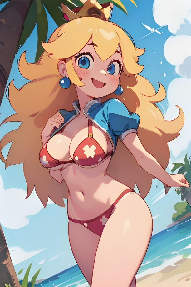 1girls, ai generated, beach, bikini, blonde hair, blue eyes, breasts, cleavage, clouds, earrings, female, female only, island, long hair, looking at viewer, mario (series), nintendo, open mouth, outdoors, pixai, princess peach, red bikini, sand, smile, solo, swimsuit, thighs, tree, very long hair
