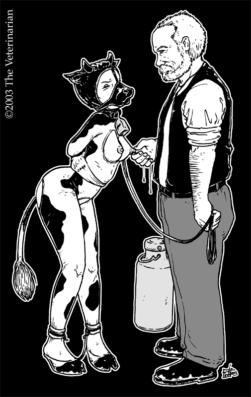 1female 1male 2003 animal_play arms_tied_behind_back bondage buttplug_tail collar cowbell cowplay gag hoof_boots hucow leash legs_tied male milk_can nipple_pinch the_veterinarian tits_out