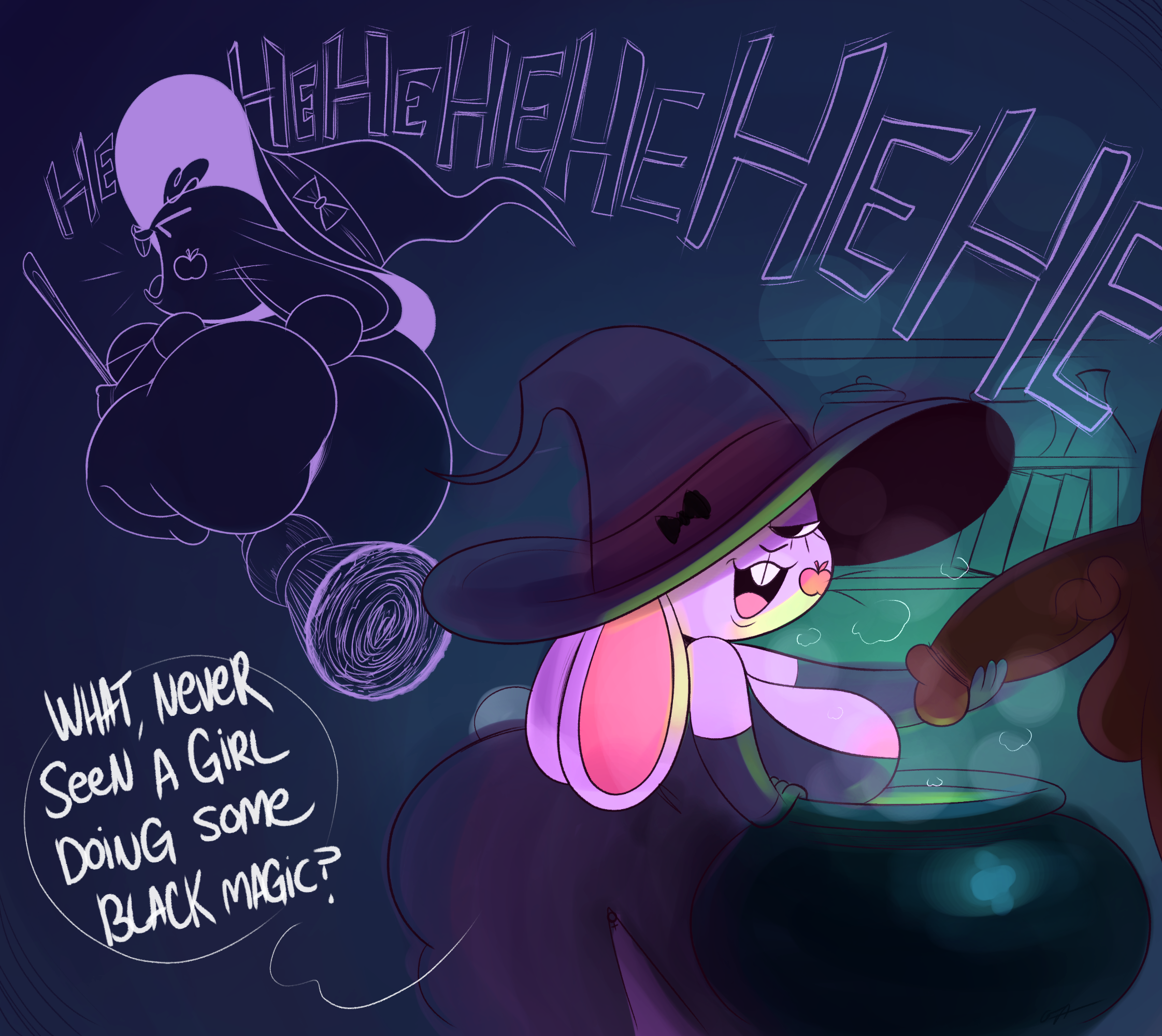 anthro, artist name, ass, beth (ota), beth bunny (ota), big ass, big breasts, big butt, big penis, black eyelashes, black eyes, black nose, bottomless, breasts, broom, broom riding, buckteeth, cauldron, cleaning tool, cleavage, clothed, clothing, dark body, dark skin, dark-skinned male, ears down, english text, eyelashes, female, fur, genitals, halloween, hat, head tuft, headgear, headwear, hi res, holidays, huge ass, huge butt, humanoid genitalia, humanoid penis, lagomorph, laugh, leporid, long ears, magic user, male, mammal, narrowed eyes, open mouth, open smile, ota (artist), partially clothed, penis, pink inner ear, pink tongue, pivoted ears, purple body, purple fur, rabbit, short stack, shortstack, signature, smile, solo, speech bubble, standing, teeth, text, thick thighs, tongue, tuft, wide hips, witch, witch costume, witch hat