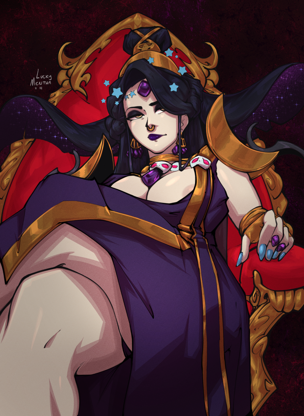 big_breasts black_hair hades_(game) luckymentha nipple_slip nyx_(hades) purple_lipstick sitting