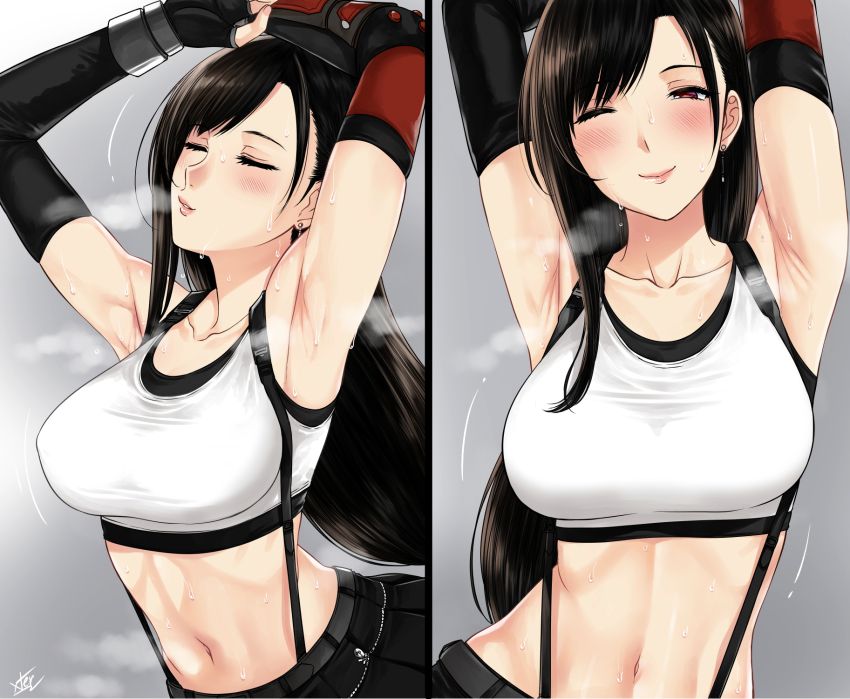 2koma ;) arm_warmers armpits arms_up bad_id bad_pixiv_id bare_shoulders blush breasts closed_eyes collarbone comic earrings elbow_gloves final_fantasy final_fantasy_vii final_fantasy_vii_remake fingerless_gloves gloves highres jewelry large_breasts long_hair looking_at_viewer midriff multiple_views navel one_eye_closed skirt smile square_enix steam stretching suspender_skirt suspenders sweat swept_bangs tank_top tifa_lockhart xtermination