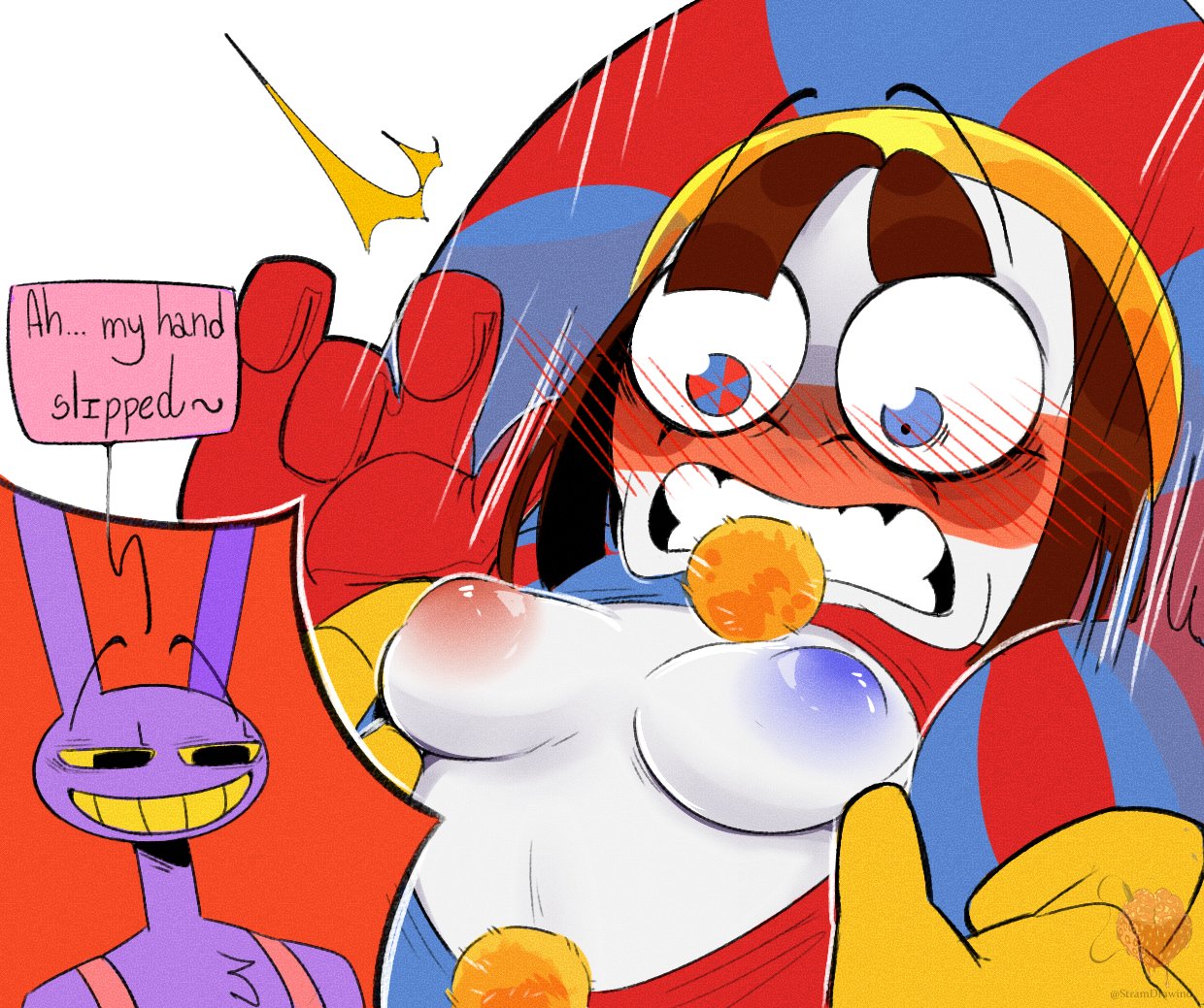 2023, 2d, 2d (artwork), 2d artwork, anthro, assisted exposure, blush, blush lines, blushing profusely, breasts, breasts out, brown hair, bunny, bunny ears, clenched teeth, dialogue, dialogue box, duo, embarrassed, female, glitch productions, gloves, gooseworx, jax (the amazing digital circus), jester, jester cap, jester costume, jester girl, jester hat, jester outfit, looking at breasts, looking down, male, nipples, open clothes, pomni (the amazing digital circus), purple body, shocked, short hair, small breasts, smiling, stramdrawind, surprised, teeth, the amazing digital circus, unbuttoned, white skin, yellow eyes, yellow mouth