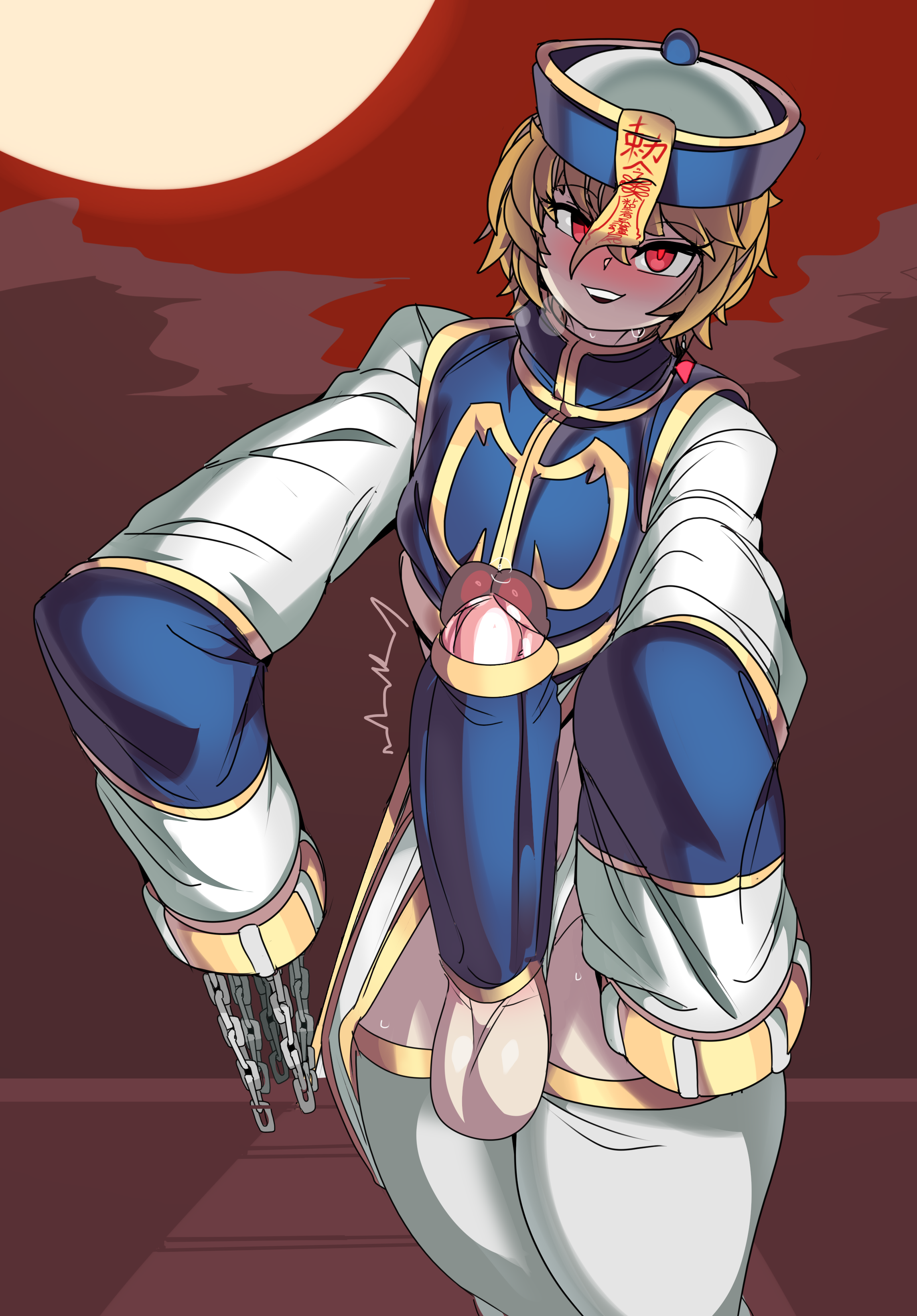 1boy, 2023, androgynous, balls, blonde hair, captain kirb, chinese clothes, cock sleeve, cock sleeve (clothes), erection, femboy, feminine, huge cock, human, hunter, hunter x hunter, jiangshi, kurapika, light skin, light-skinned male, looking at viewer, male, male only, nude, outside, partially clothed, penis, short hair, shounen jump, smile, smiling, smiling at viewer, solo, tagme, testicles, thick thighs, thighs