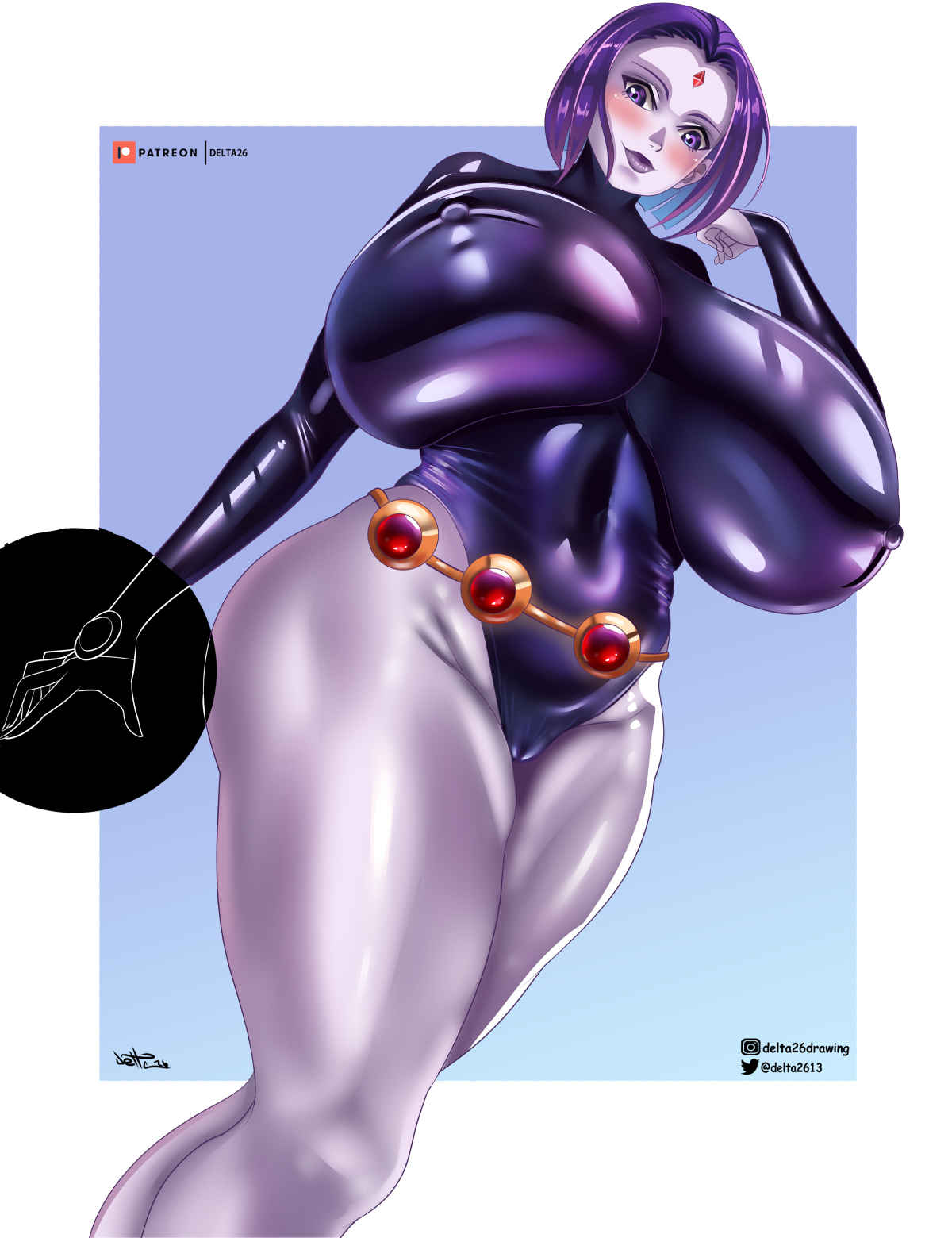 1girls alternate_breast_size big_breasts cape dc dc_comics delta26 female female_only huge_breasts jewelry mage magic magic_user pale_skin puffy_nipples purple_hair rachel_roth raven_(dc) short_hair smooth_skin solo teen_titans thick_hips thick_thighs thunder_thighs tight_clothing white_skin