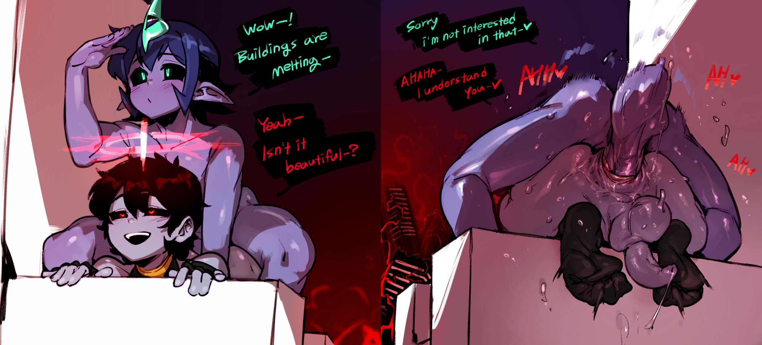 2boys, 2koma, anal, anal sex, apocalypse, ass, back view, balls, big ass, big balls, big penis, black sclera, blue eyes, blush, comic, demon, dialogue, dion (naufranz), docu (doppel), doppel, erection, feet, femboy, front view, gay, male, male only, moaning, moaning in pleasure, monster, original, outside, penis, pointy ears, precum, purple skin, red eyes, sex, socks, suggestive, testicles, toe curl, wall, yaoi