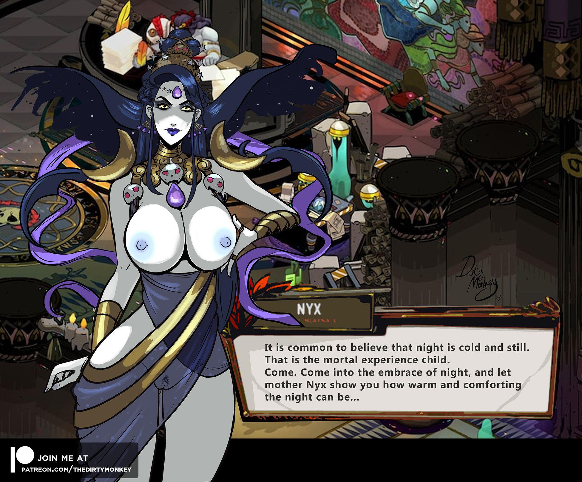 1girls, big breasts, black hair, breasts, female, hades (game), nyx (hades), pussy, solo, thedirtymonkey, voluptuous, voluptuous female, wide hips