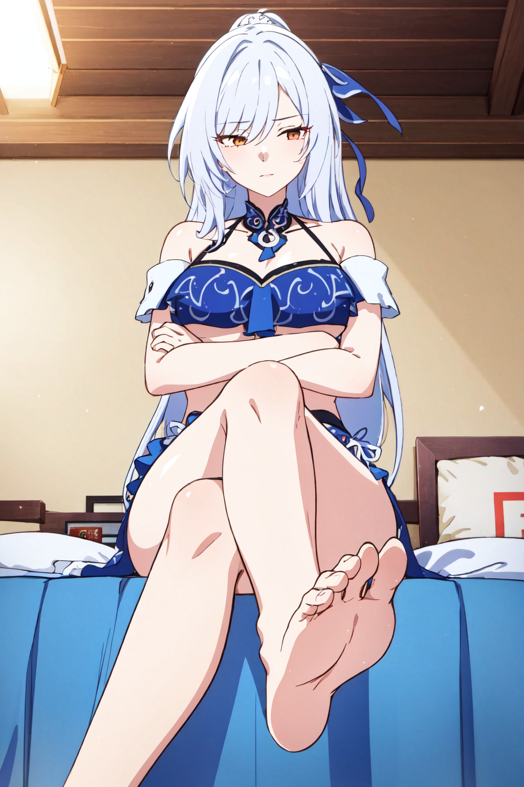 ai_generated blue_dress blue_hair crossed_arms crossed_legs crossing_arms embarrassed feet foot_fetish foot_focus honkai:_star_rail honkai_(series) jingliu_(honkai:_star_rail) tagme toes