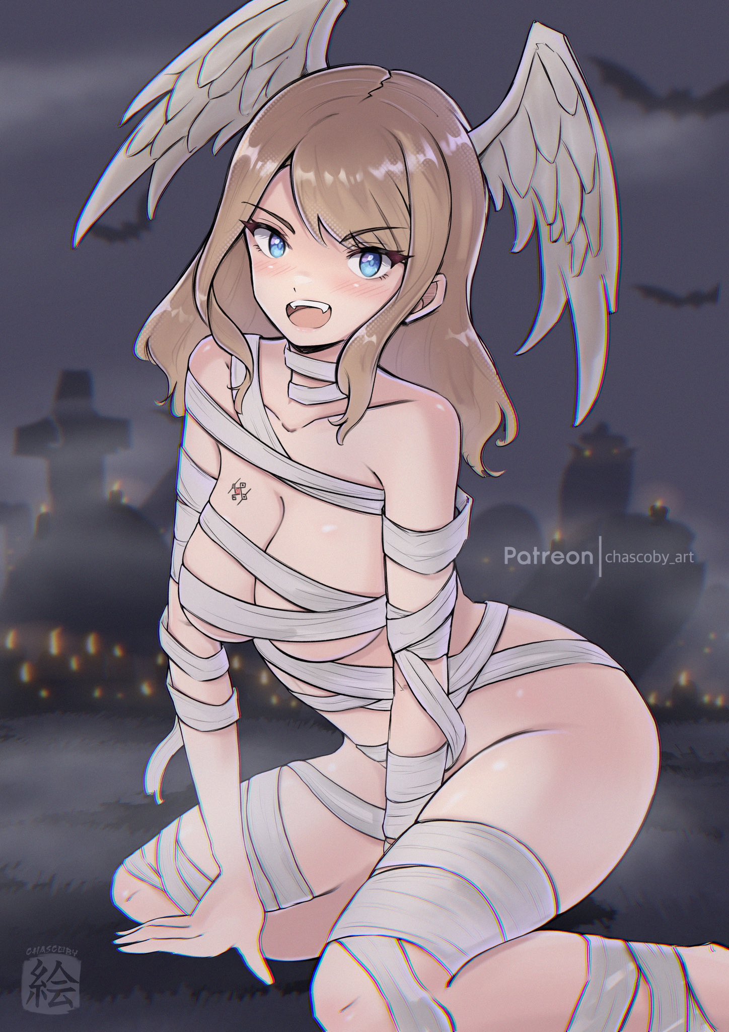 1girls, breasts, brown hair, chascoby, cleavage, convenient censoring, eunie (xenoblade), female, halloween, halloween costume, hips, looking at viewer, mummy, solo, tagme, thighs, wings, wings on head, wrapped, wrapped up, wraps, xenoblade (series), xenoblade chronicles 3