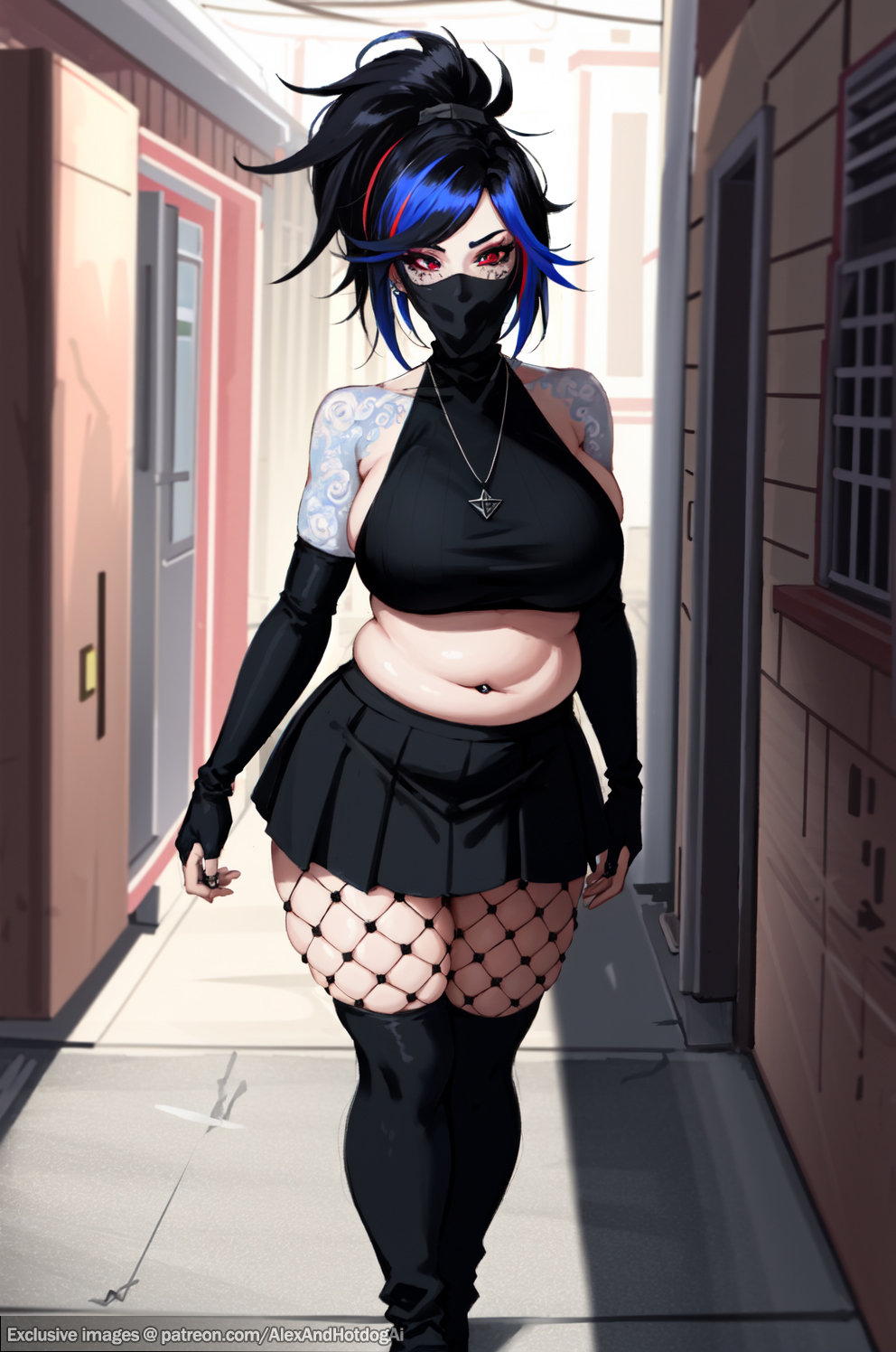 ai generated, akali, akali jhomen tethi, alexandhotdogai, alternate body type, alternate breast size, alternate costume, belly, belly button, blue hair, breasts, colored hair, crop top, elbow gloves, face mask, female, fishnet, fishnets, gloves, goth, goth girl, identity death, league of legends, league of legends: wild rift, light skin, light-skinned female, long gloves, mask, masked female, mouth mask, multicolored hair, navel piercing, ninja, pale skin, pale-skinned female, personality change, pink hair, plump, ponytail, punk, punk girl, punk hair, schoolgirl, short hair, short skirt, sideboob, skirt, stable diffusion, tattoo, tattoo on arm, tattooed arm, tattoos, thick, thick legs, thick thighs, thigh highs, thighhighs, thighs, transformation