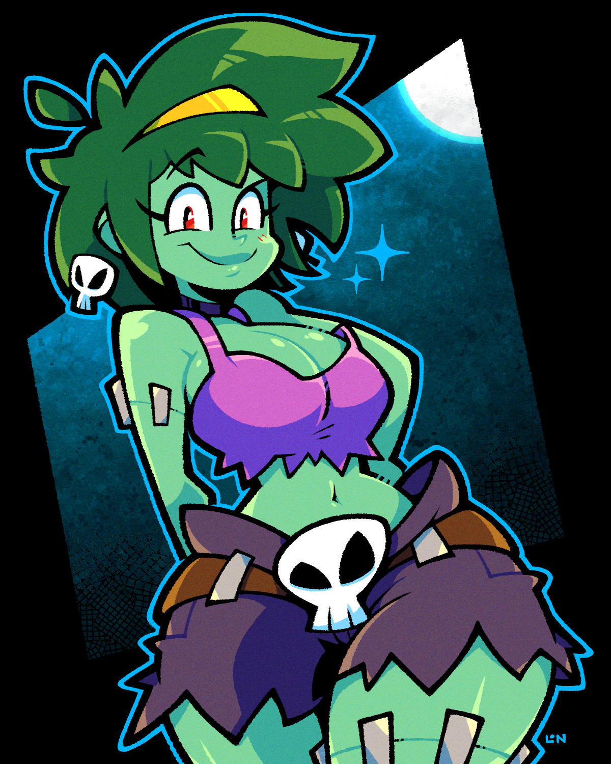 1girls, 2023, big breasts, breasts, cleavage, female, female focus, female only, green body, green hair, hand behind back, legendofnerd, lipstick, looking at viewer, red eyes, rottytops, shantae, smile, smiling, smiling at viewer, smug, solo, thick thighs, thighs, undead, wayforward, zombie, zombie girl